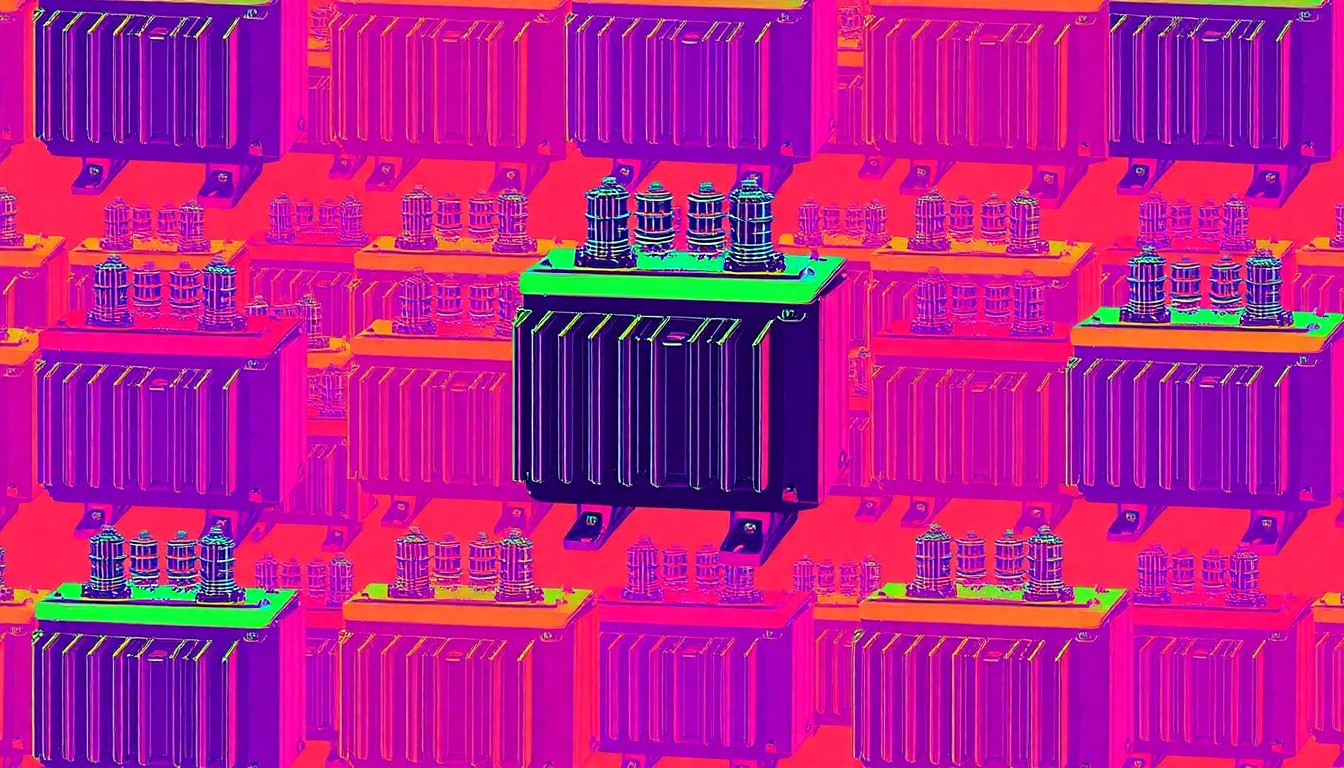 A brightly colored, high-contrast silkscreen print of a vintage electrical transformer repeated in a tight grid pattern, conceptually representing the reliable electrical infrastructure that powered Carrington's growth.