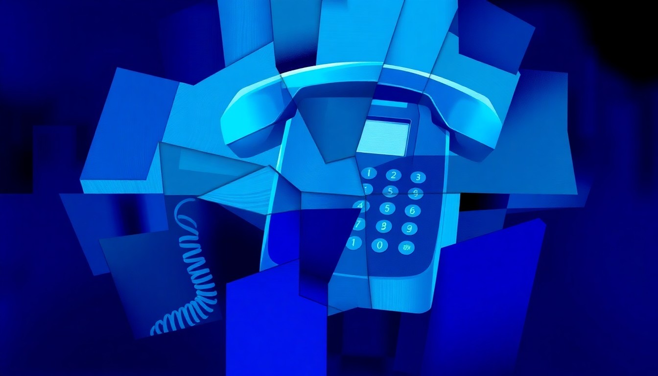 A highly stylized, fragmented painting of a ringing telephone in shades of blue and violet, conveying the disruption and transition of emergency communication services.