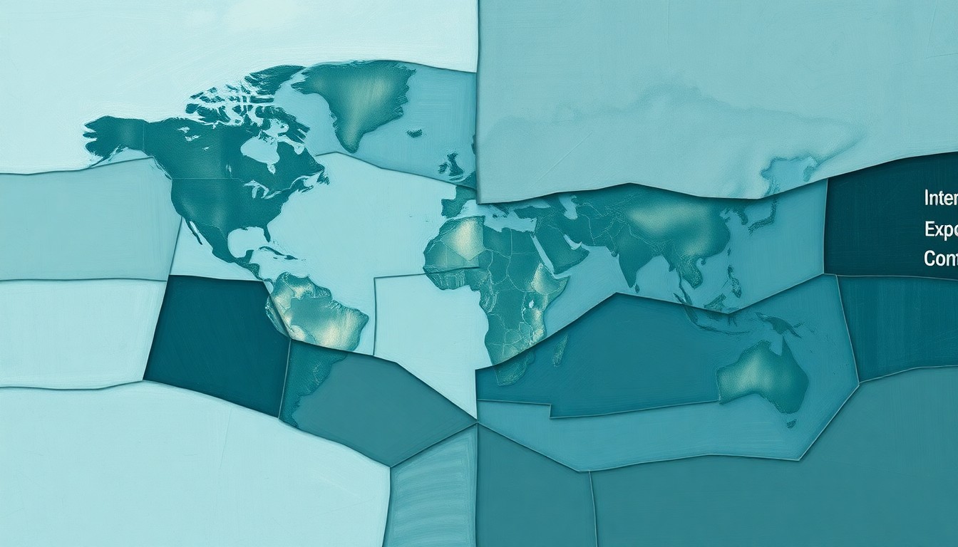 A fractured, abstract painting in muted blues, greys, and greens, representing the complex and interconnected nature of international trade and export controls.