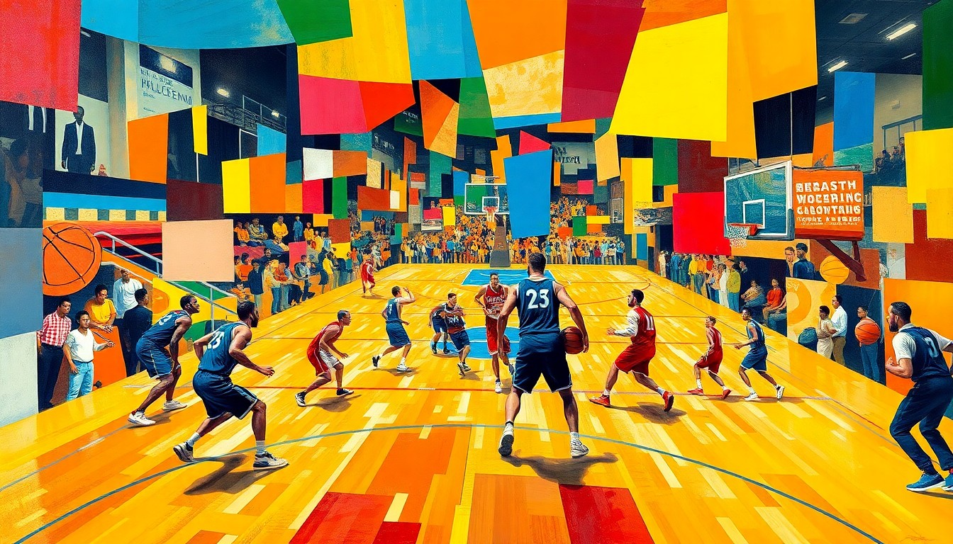 A fractured, cubist-style painting depicting the dynamic action of a high-energy basketball game, with sharp geometric planes in the teams' colors creating a kinetic, energetic composition.