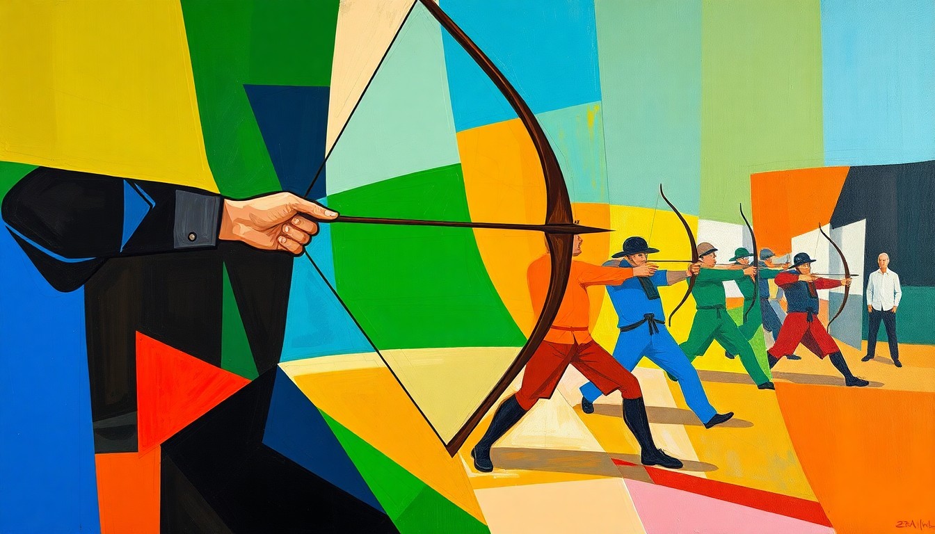 A cubist-style painting featuring sharp, overlapping geometric shapes in vibrant colors, conceptually representing the motion and competition of an archery event.