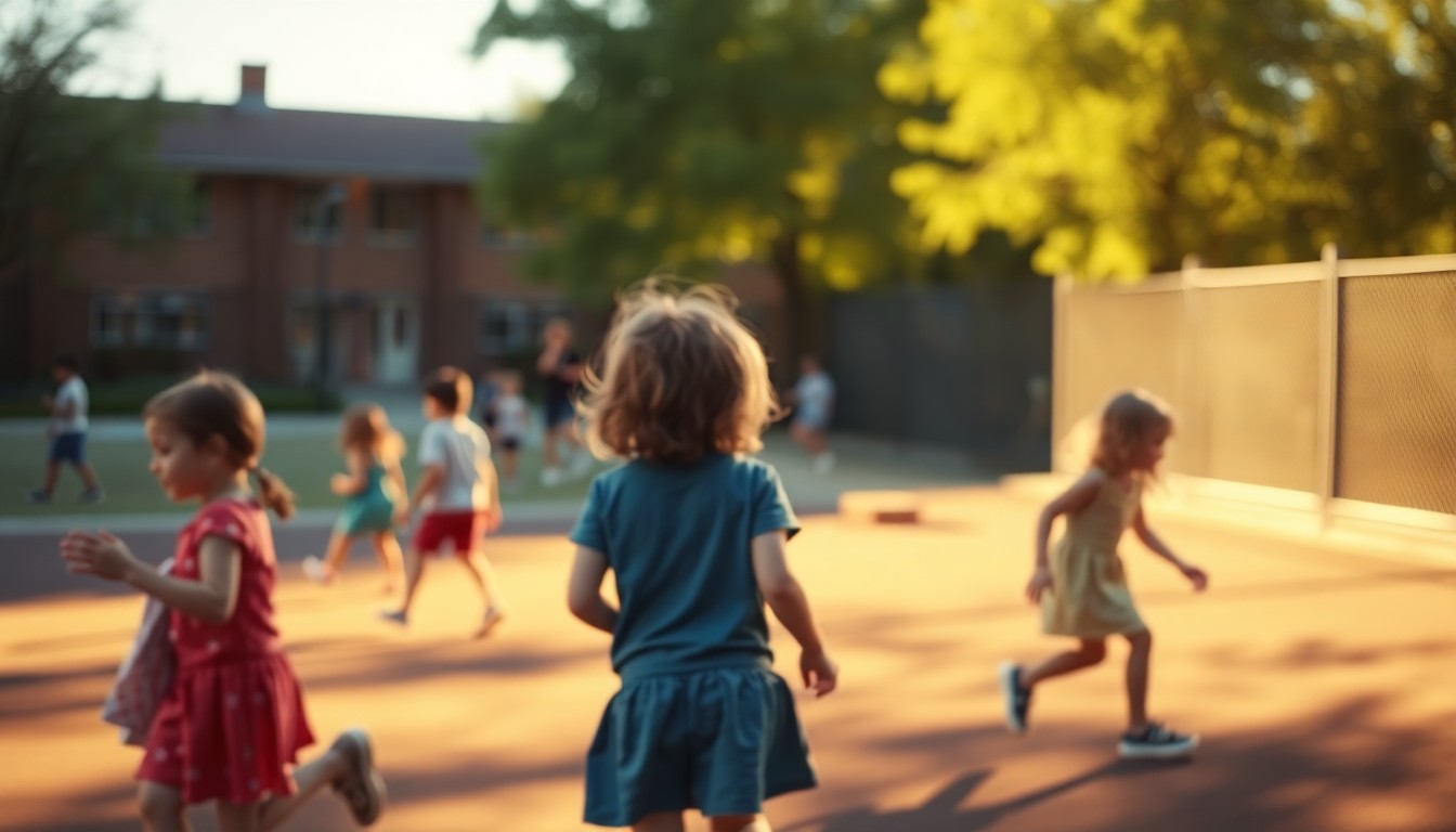 An extremely abstracted, out-of-focus photograph of children playing on a school playground, with warm pools of soft light and color creating a dreamlike, atmospheric scene.
