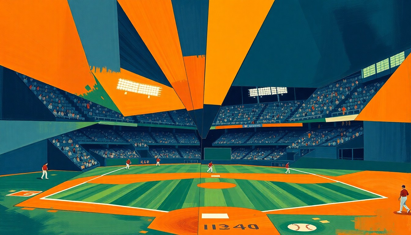 A fragmented, cubist-style painting depicting a baseball game or match broken down into sharp, overlapping geometric shapes in a palette of navy, green, and orange, conceptually representing the fragmentation and rising costs of accessing live sports content.