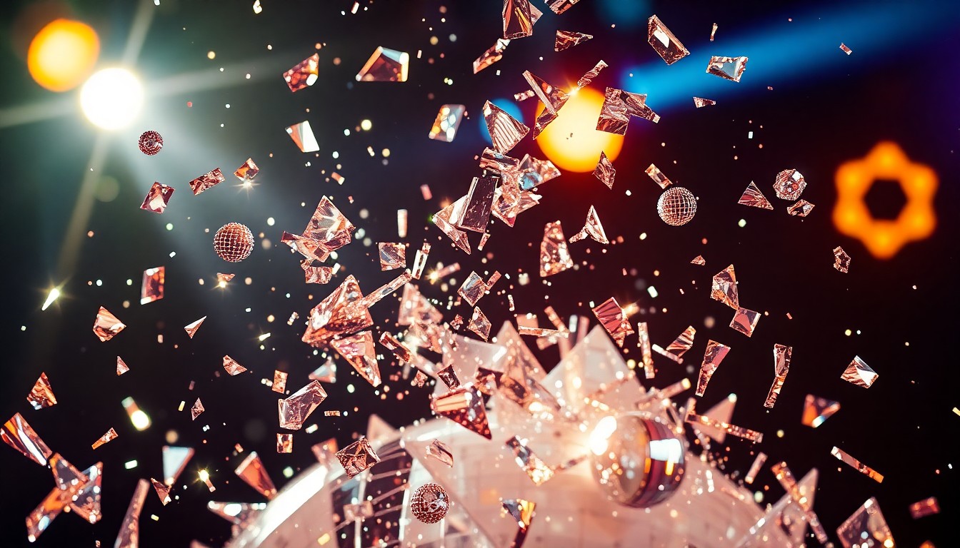An extreme close-up photograph of shattered glass fragments from a disco ball, reflecting dramatic studio lighting to create a glittering, high-contrast texture that conceptually represents the celebratory spirit of a surprise rock concert performance.
