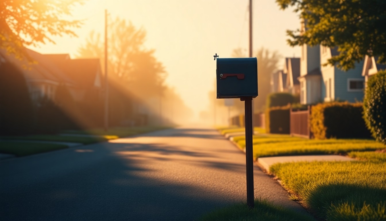 A photorealistic painting of a lone mailbox on a residential street, with warm sunlight casting deep shadows across the scene, conveying a sense of quiet civic duty and the distribution of important voting materials.