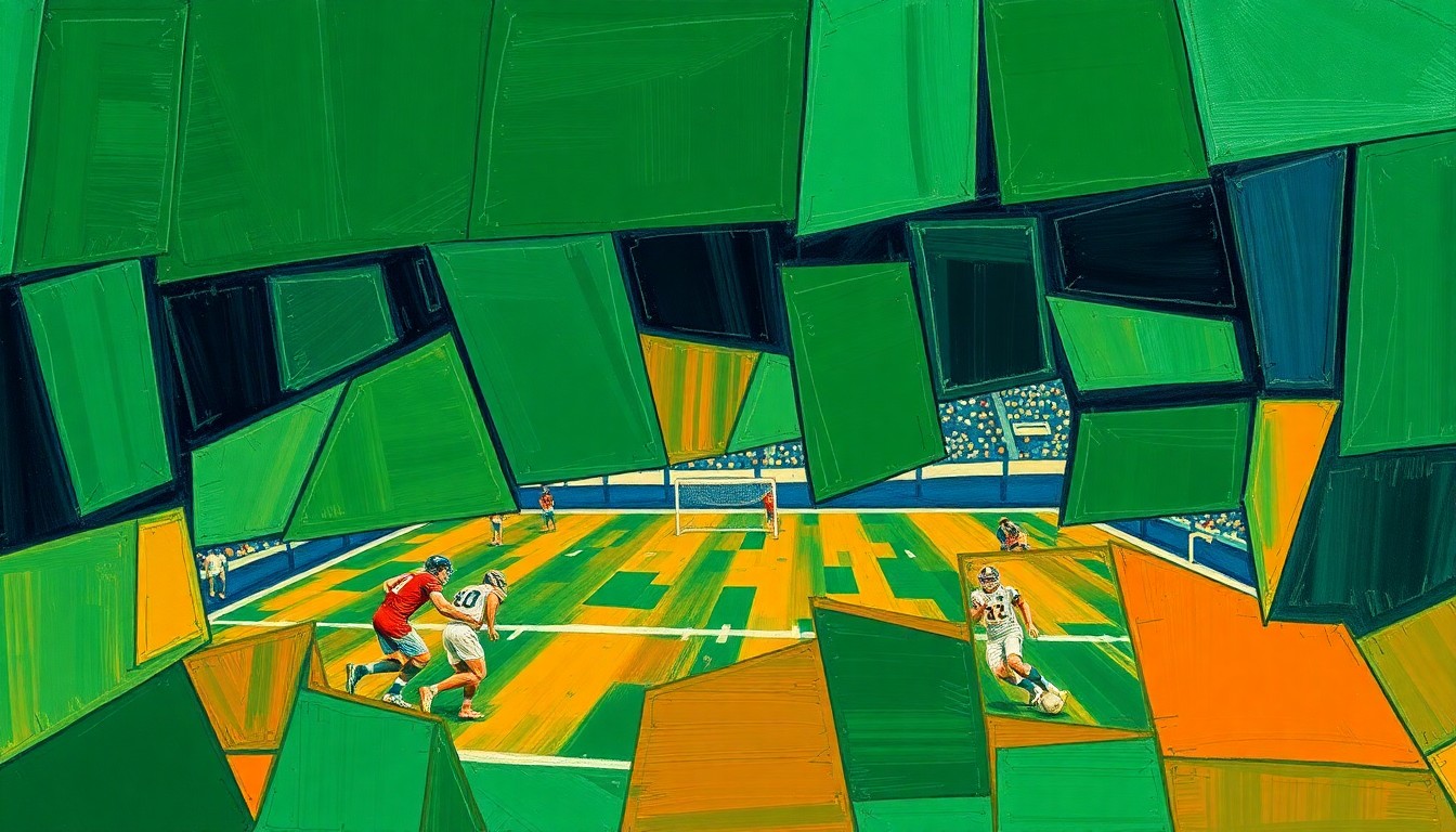 A cubist, geometric painting depicting a fragmented football field with overlapping planes of deep green, navy blue, and burnt orange, conveying the uncertainty surrounding the future of star wide receiver A.J. Brown and the Philadelphia Eagles.