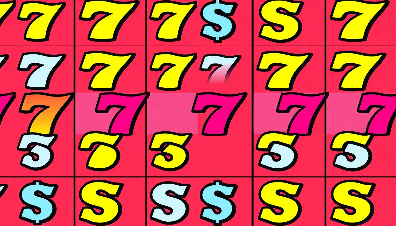 A brightly colored, high-contrast silkscreen print of a single, iconic slot machine symbol repeated in a tight grid pattern, conceptually representing the thrill and excitement of casino gambling.