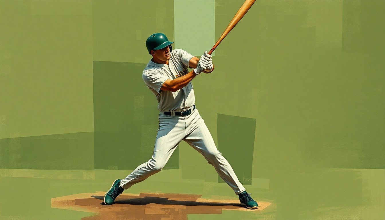 A cubist, geometric painting depicting a baseball player batting, with sharp, overlapping planes of muted earth tones conveying the disruption caused by the star player's early-season struggles.