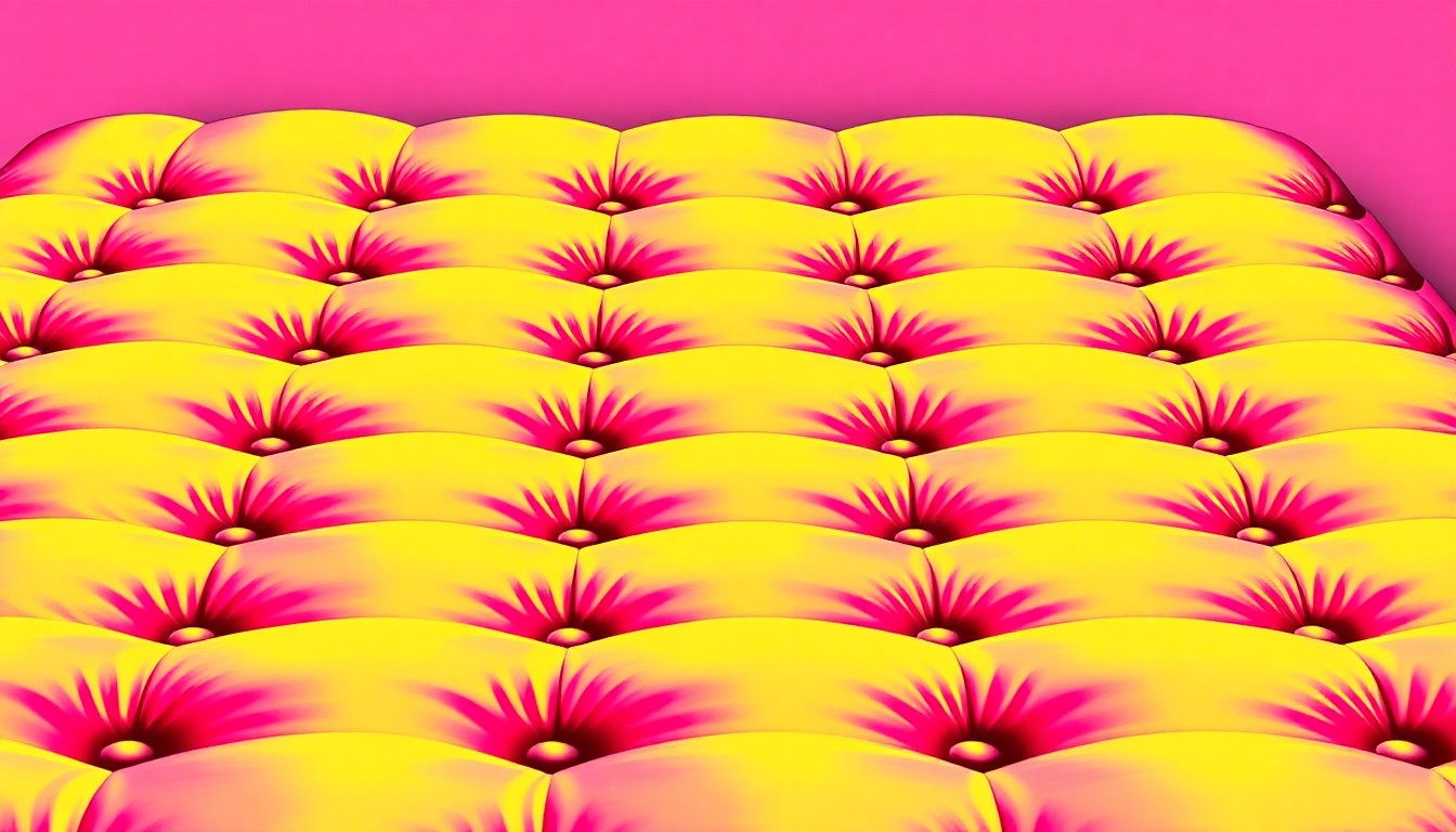 A high-contrast, brightly colored silkscreen print of a vintage bed frame or mattress tufting repeated in a grid, conceptually representing the origins of the phrase 'hit the hay' in the materials and practices of historical bedding.