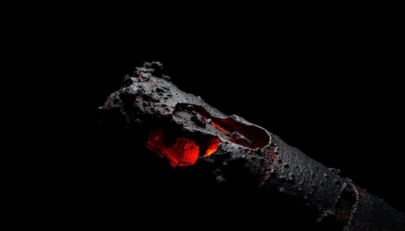 An extreme close-up photograph of a charred, twisted piece of metal debris from a fire, conceptually illustrating the damage and hazards of repeat fires at a vacant home.