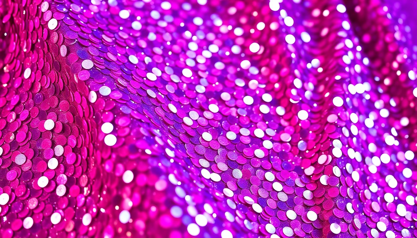 An abstract close-up photograph of shimmering, high-contrast sequins in vibrant shades of pink, purple, and silver, evoking the glamorous aesthetic of a Las Vegas residency performance.