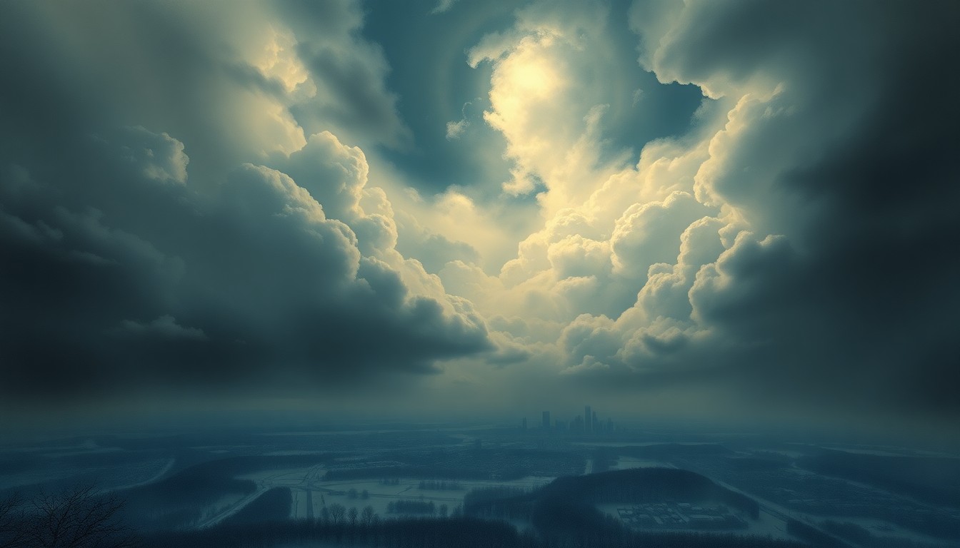 A vast, atmospheric landscape painting in muted blues and grays, with the distant outline of a city barely visible through a veil of heavy snowfall and dramatic clouds.