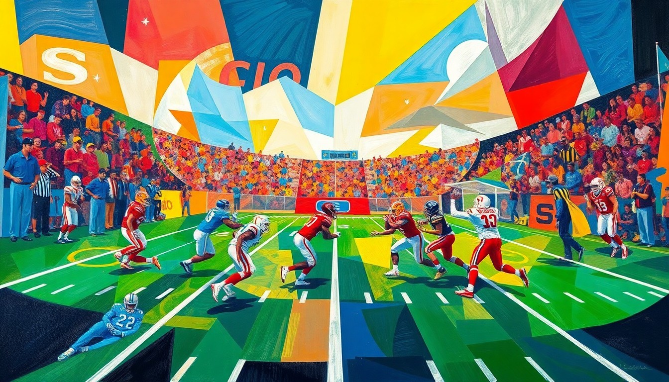 A fractured, multi-perspective painting featuring sharp, overlapping geometric shapes and planes of color that abstractly represent the action and energy of a college football game.