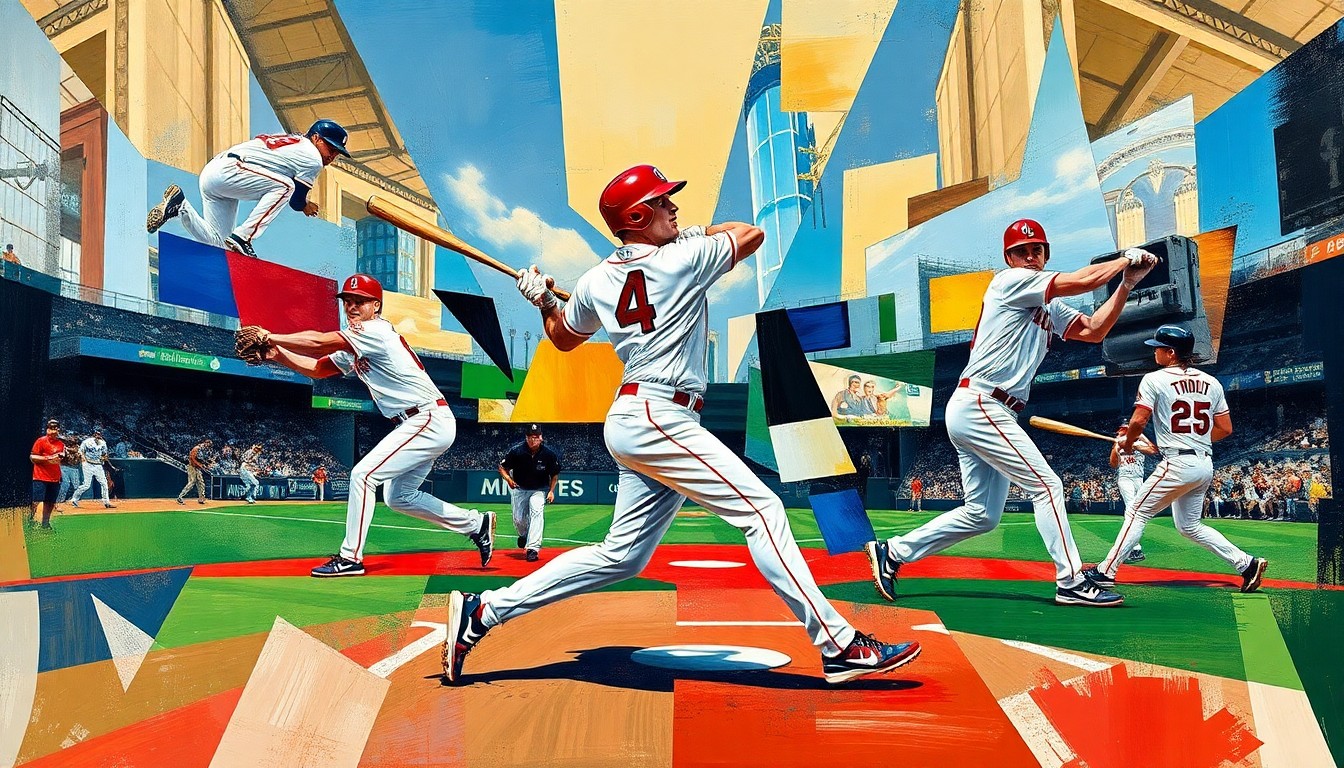 A cubist-style painting depicting the dynamic movements and actions of a baseball player, with sharp geometric shapes and planes overlapping to create a fragmented, multi-perspective view of the game.