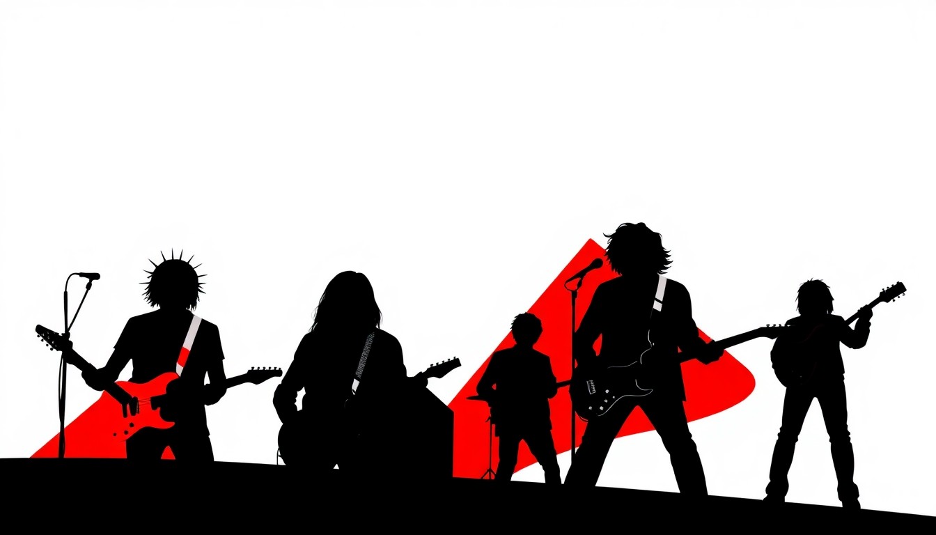 An abstract illustration composed of bold, jagged geometric shapes in high-contrast red and black, conceptually representing the forgotten 1990s rock bands discussed in the story.