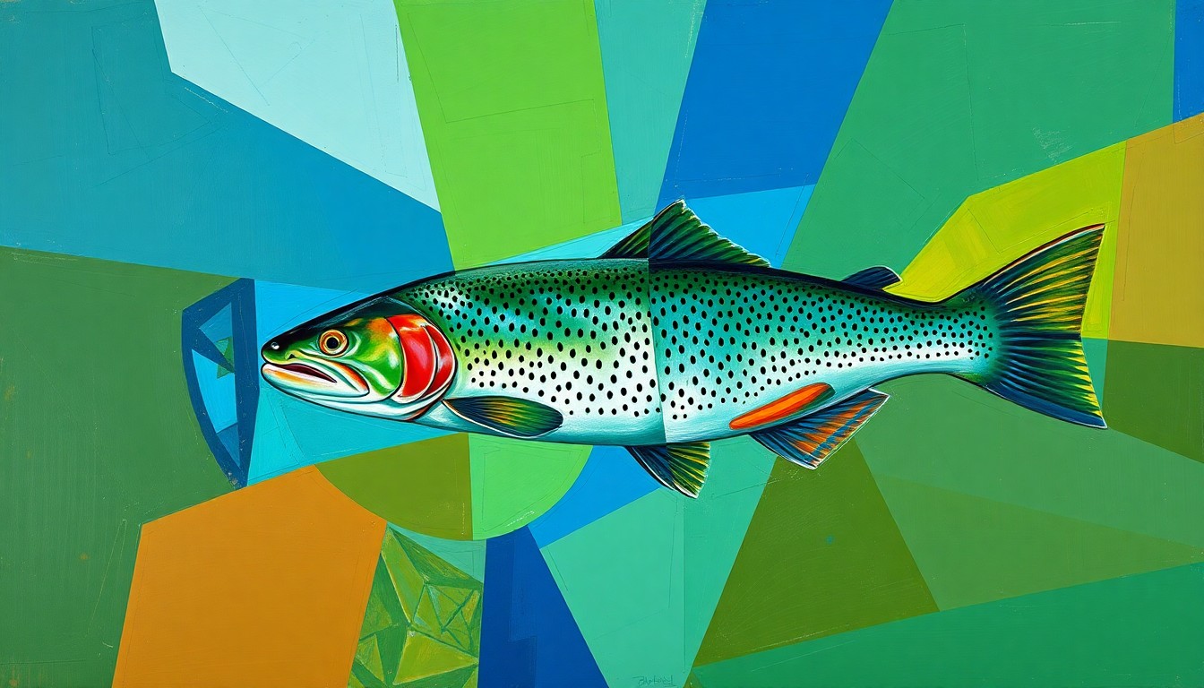 A fragmented, geometric painting depicting a trout fishing scene, with sharp planes of color and overlapping perspectives conveying the energy and dynamism of the opening day of trout season.