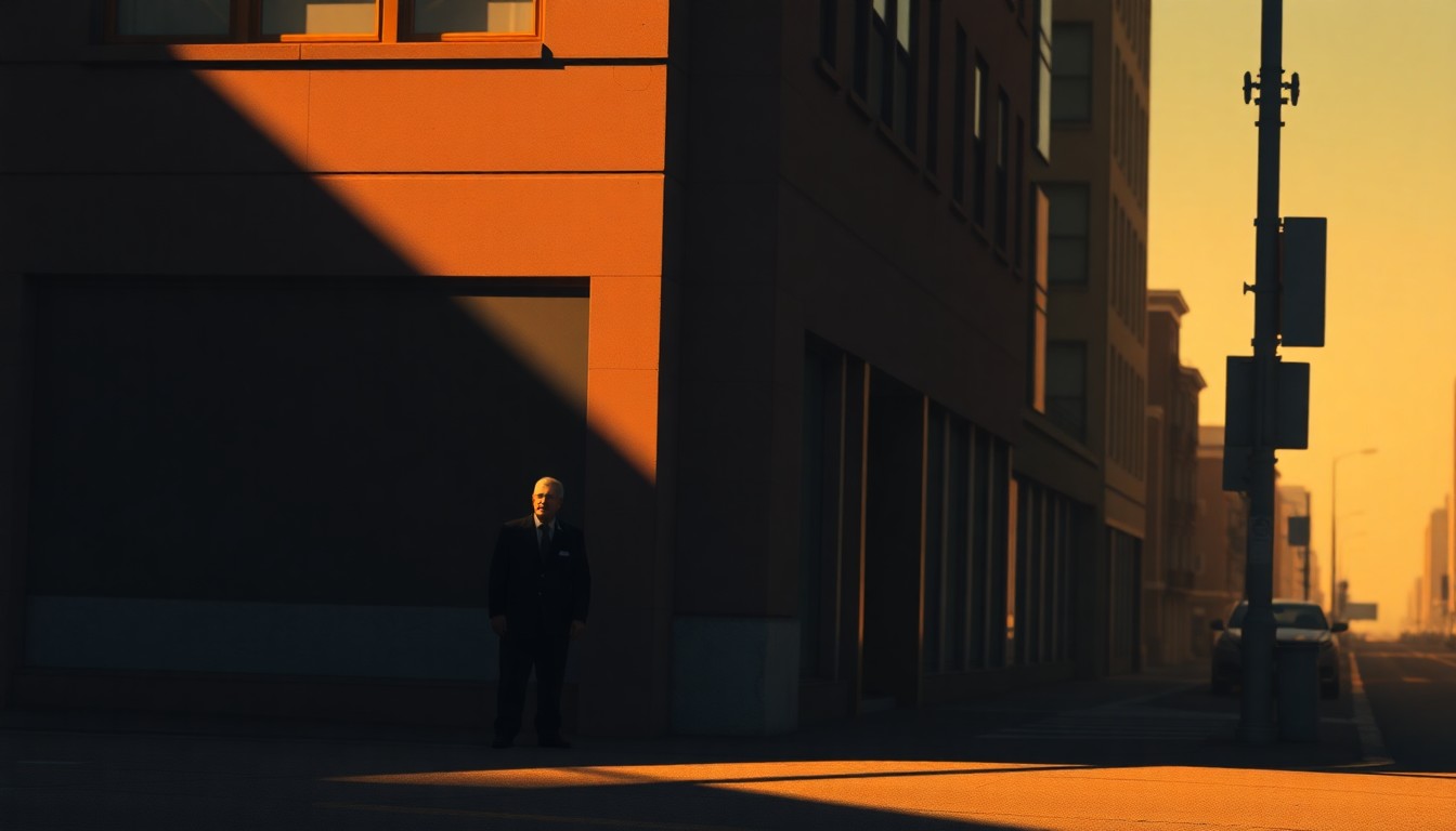 A detailed, photorealistic painting of a lone military veteran standing on a city street corner, the warm sunlight casting long shadows across the pavement and buildings behind him, conveying a sense of solitude and contemplation.