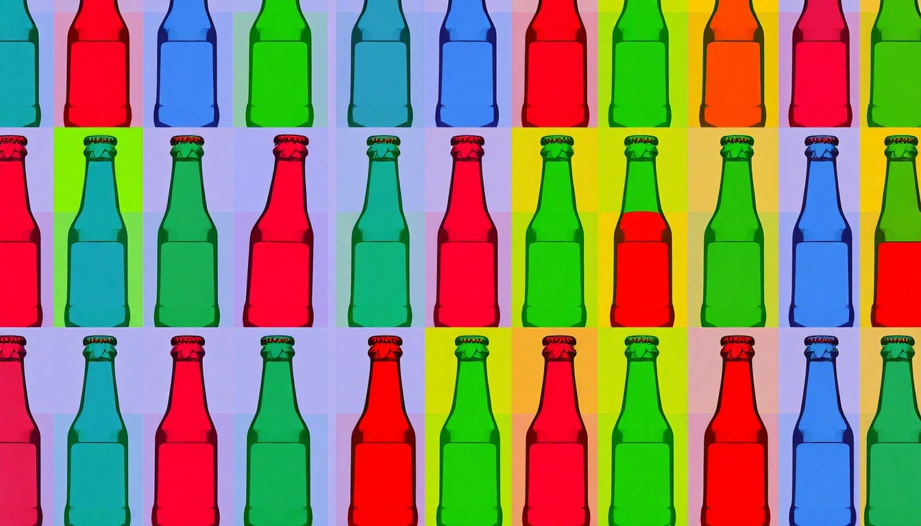A high-contrast, silkscreen-style illustration of a single craft beer bottle repeated in a grid pattern, using bold, neon colors and heavy black outlines to transform the everyday object into a vibrant pop art piece.