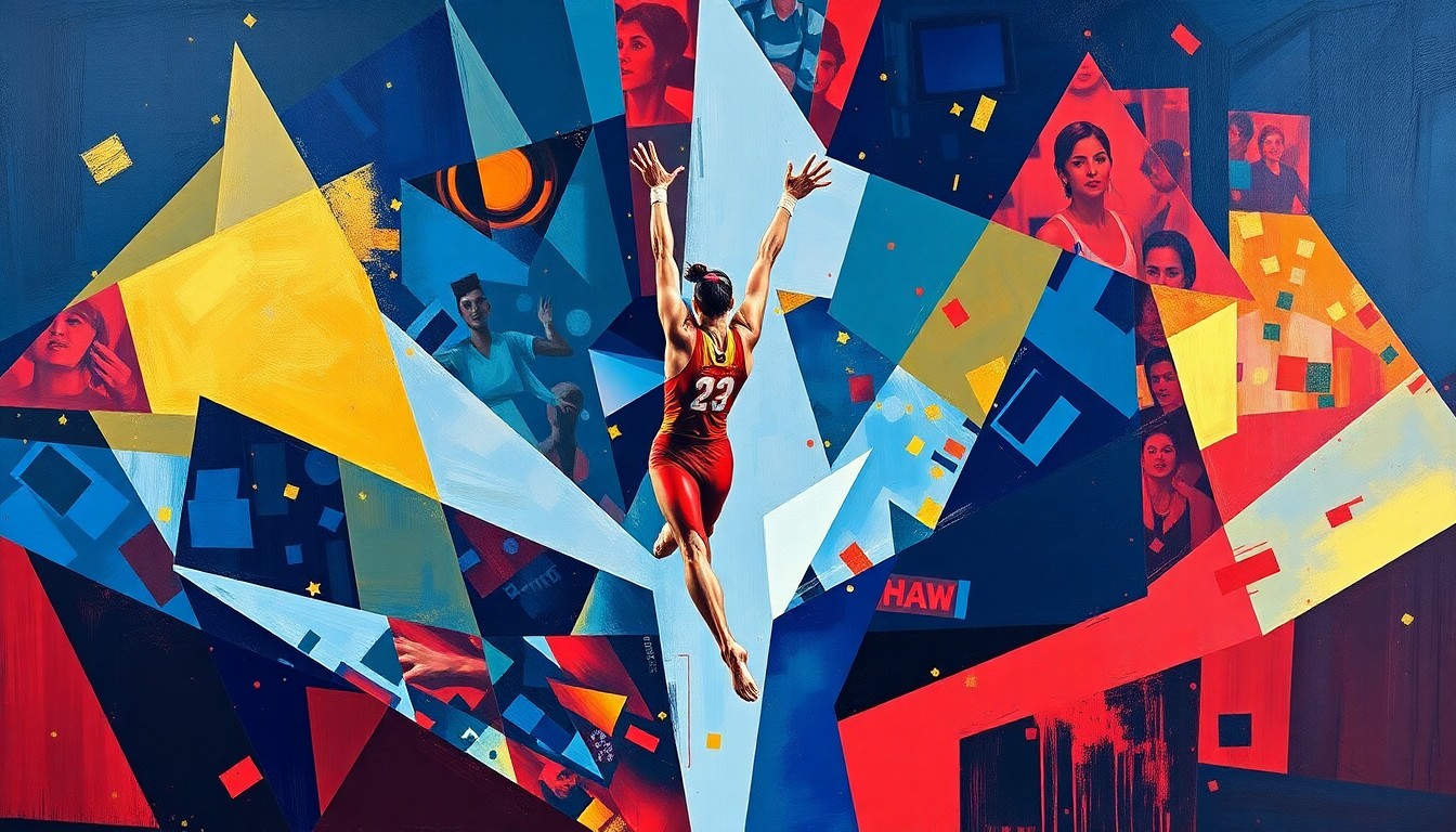 A cubist, geometric painting depicting the dynamic movements and energy of a gymnastics competition, with overlapping planes of navy, crimson, and gold.