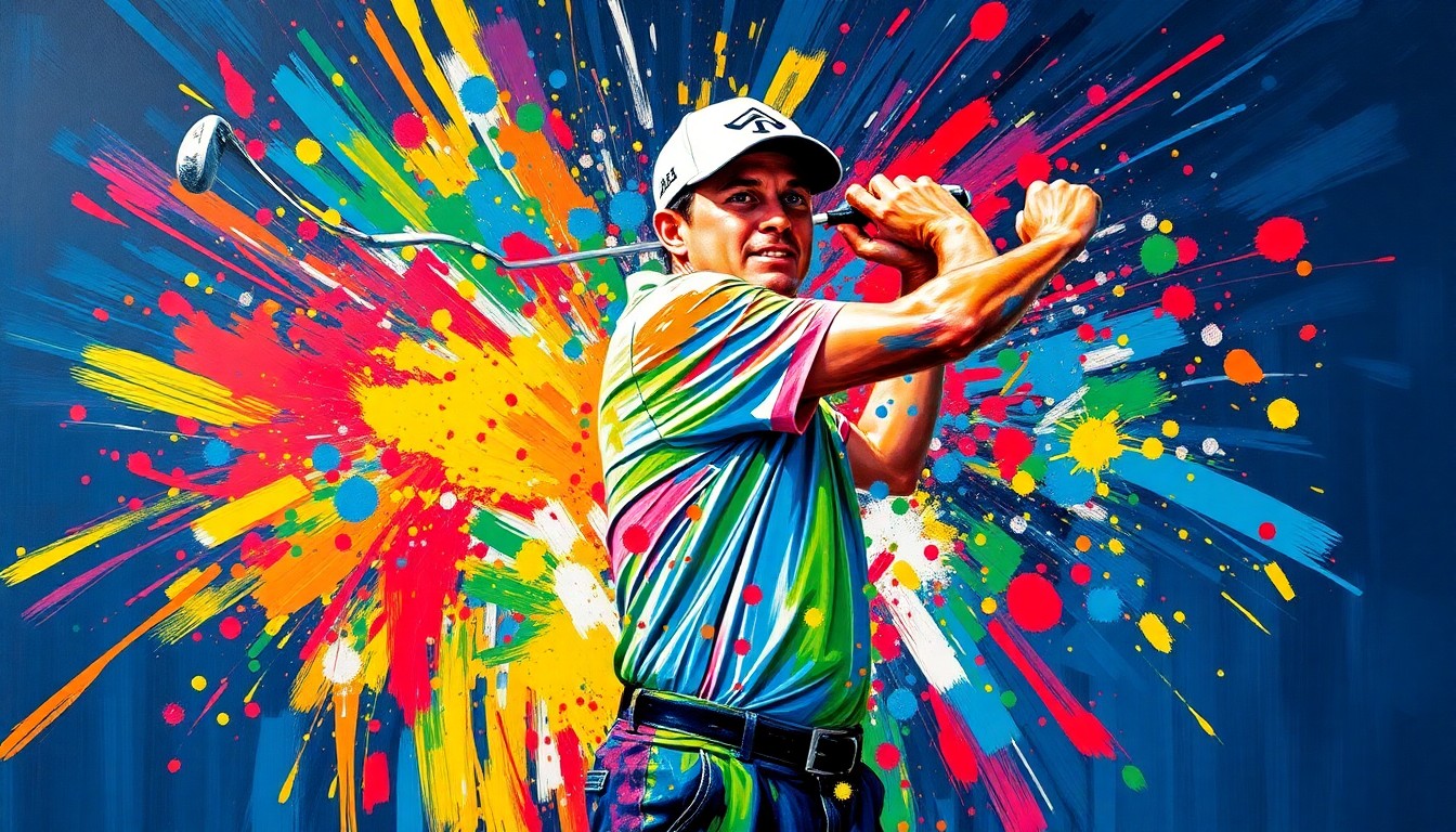 An abstract, expressionist painting featuring vibrant brushstrokes of neon colors capturing the raw energy and emotion of a golfer's triumphant swing and celebratory fist-pump.