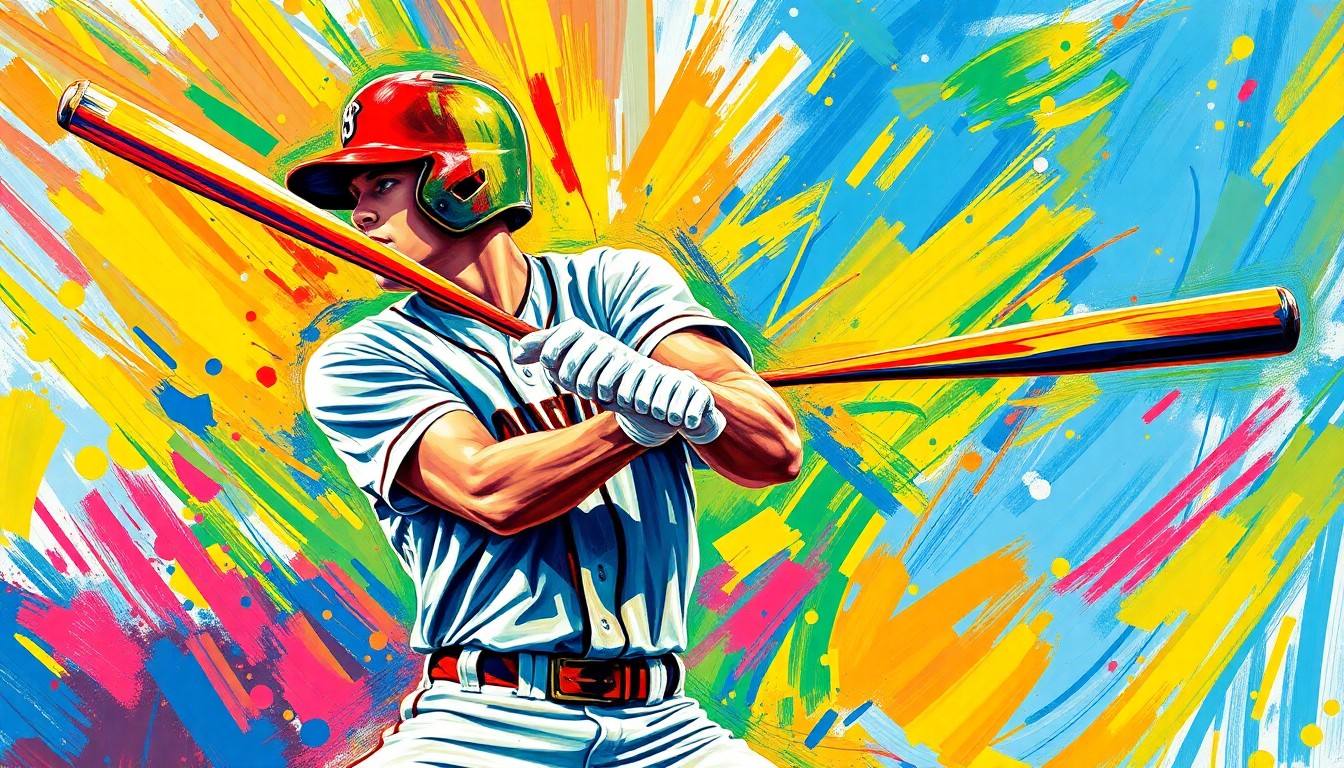 An abstract, energetic painting featuring bold, neon-colored brushstrokes that capture the explosive power and dynamic motion of a high school baseball player's batting swing.