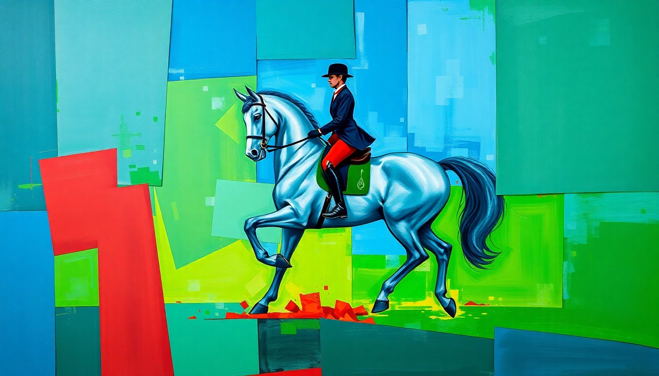 A cubist-style painting depicting a dressage horse and rider in motion, broken down into overlapping geometric shapes and planes of vibrant blue, green, and red colors, conveying the energy and dynamism of the sport.