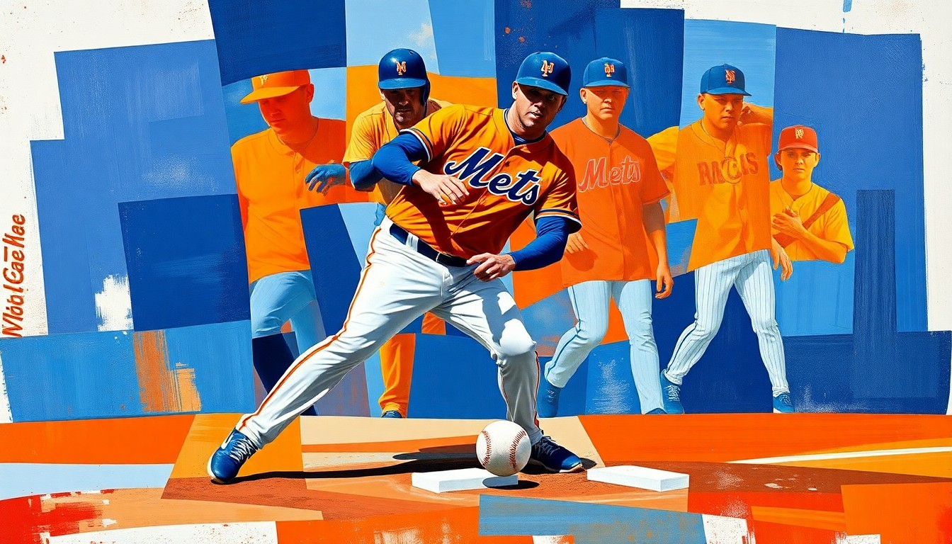 A cubist, geometric painting depicting a baseball player in motion, with sharp, overlapping planes of color representing the dynamic action of fielding a ground ball at third base.