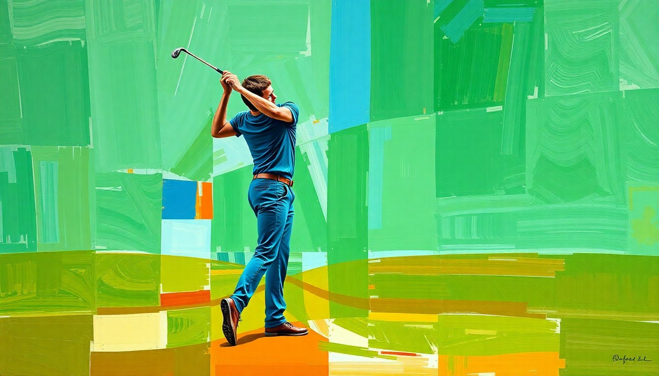 A fragmented, geometric painting depicting the various angles and movements of a high school golfer's swing, rendered in a cubist style with bold, overlapping shapes and vibrant colors.