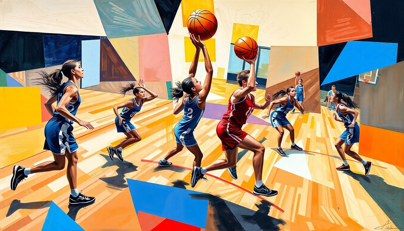 A fragmented, geometric painting depicting the dynamic movements and competitive spirit of a girls basketball game, with the players and ball broken down into sharp, overlapping planes of color and form.