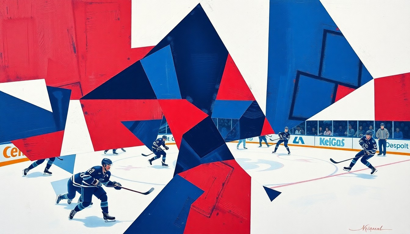 A cubist-style painting featuring overlapping geometric shapes and planes in navy, red, and white, conceptually representing the strategic shifts and changes facing the Vegas Golden Knights hockey team.