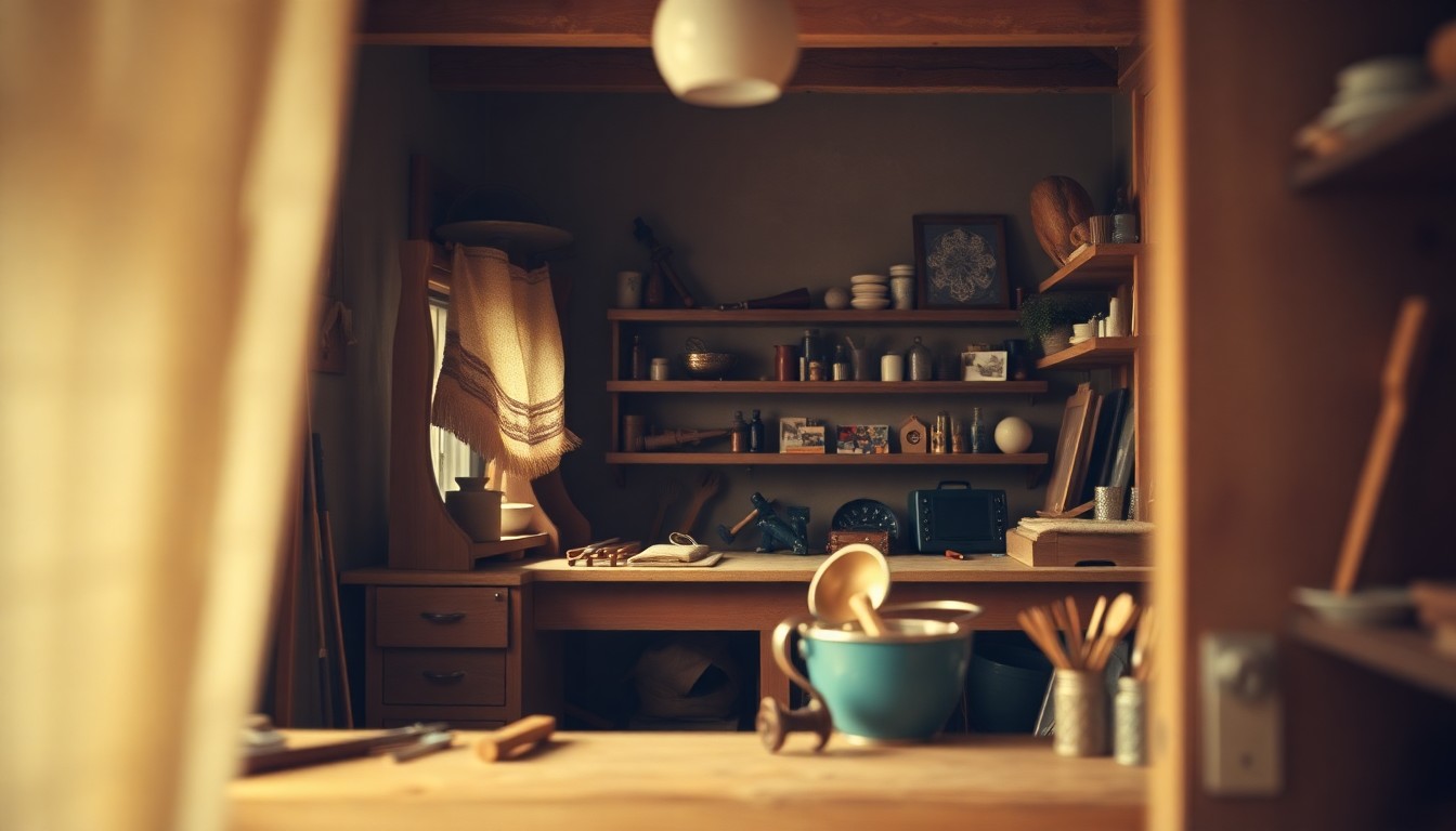 A blurred, intimate photograph of a carpenter's workbench, tools, and personal items, conveying the quiet, meaningful life of James Gray.