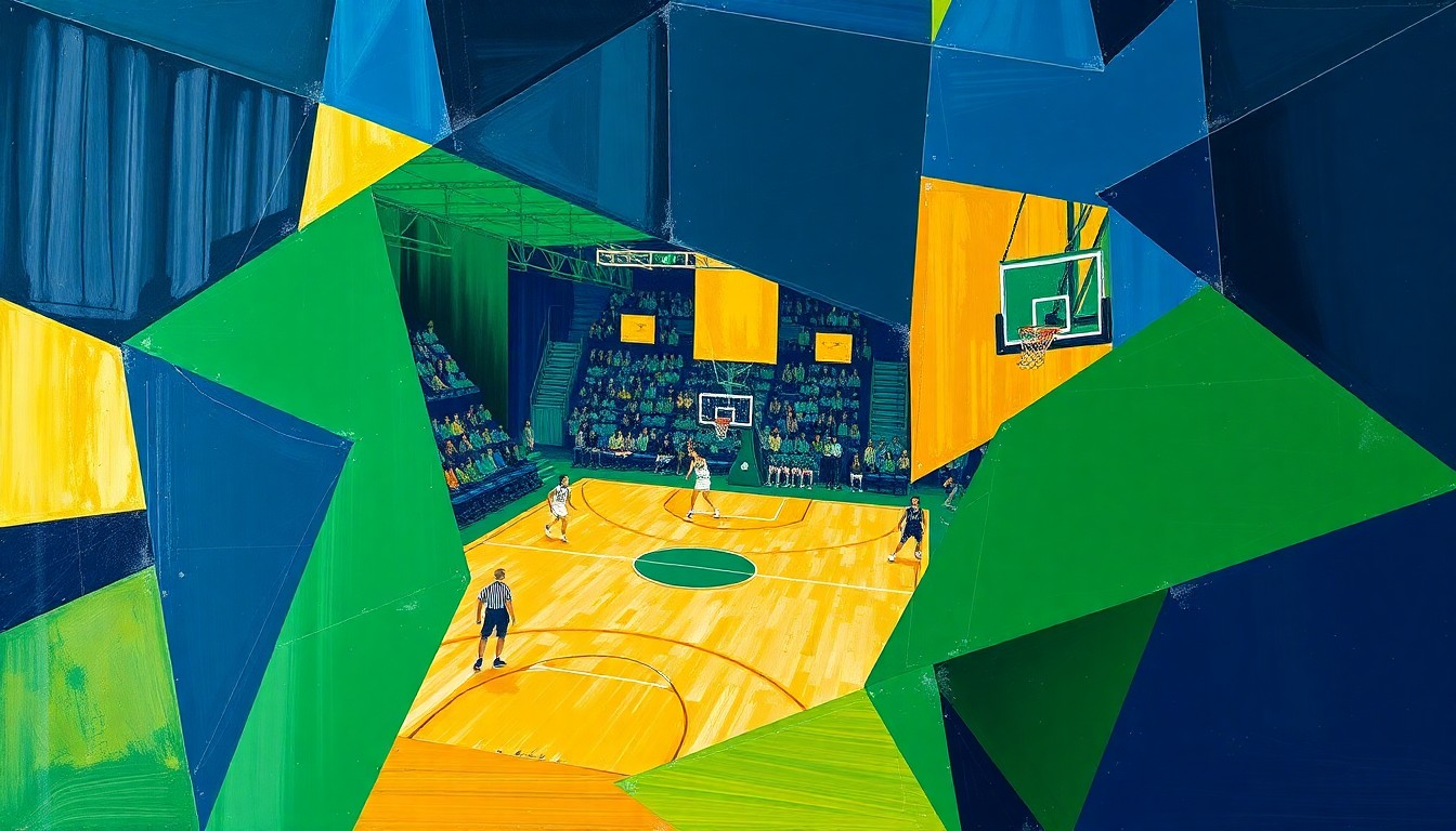 A cubist-style painting featuring overlapping geometric shapes and planes in navy blue, kelly green, and gold, capturing the energy and movement of a women's basketball game.