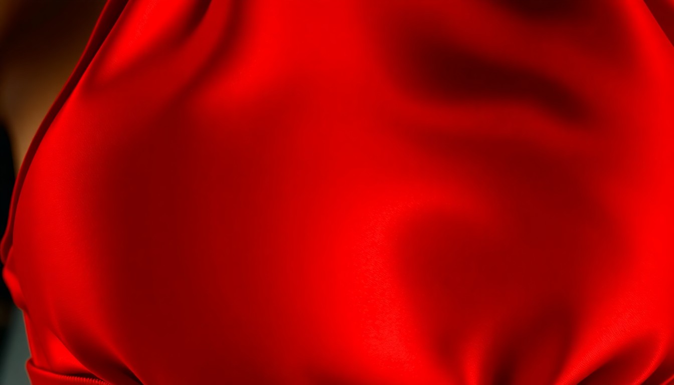 An extreme macro photograph of a vibrant red satin sports bra material, shot in dramatic high-contrast studio lighting to capture the luxurious, high-fashion texture of athletic wear.