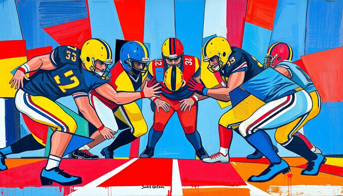 A cubist-style painting depicting an offensive line play, with the players and field broken down into sharp, overlapping geometric shapes in vibrant colors, conveying the raw power and energy of football.