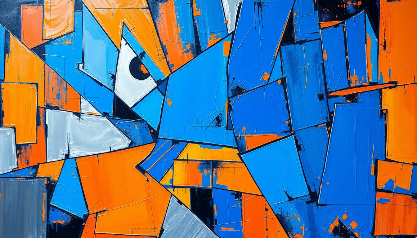 A fragmented, cubist-style painting depicting the action and energy of a basketball game, with sharp geometric shapes and planes of color representing the players, ball, and court.