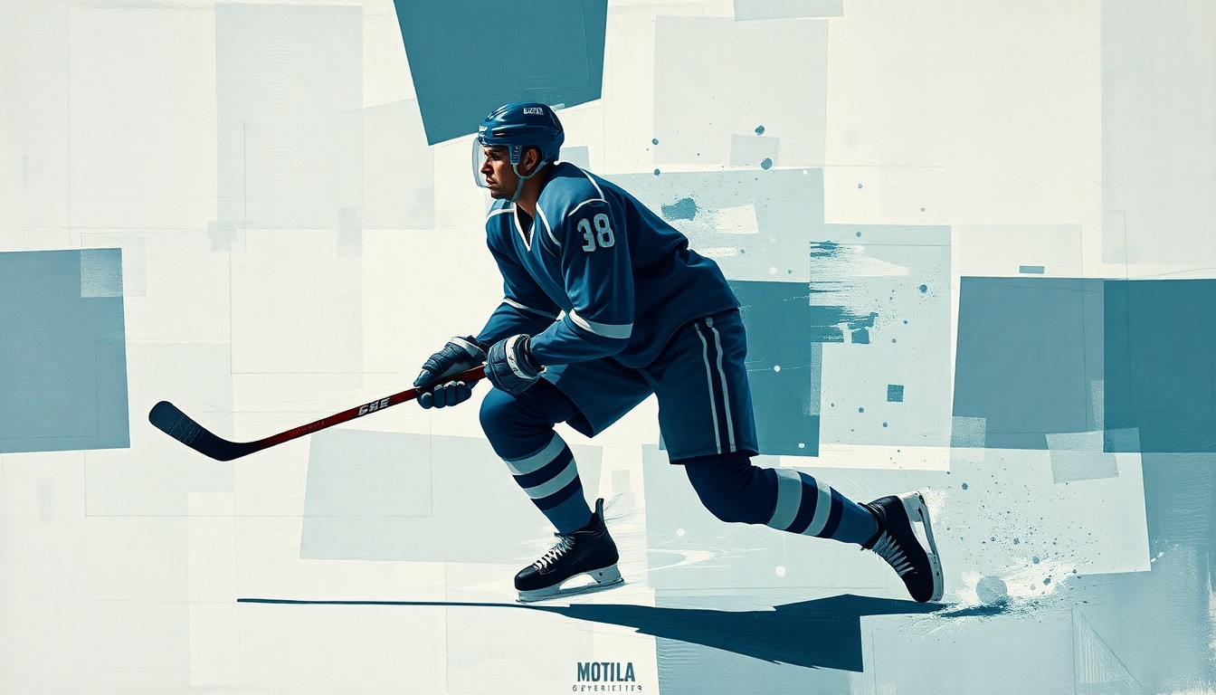 A fragmented, geometric painting depicting a hockey player in motion, with sharp planes of muted blues, greens, and grays, conveying the transition from amateur to professional sports.