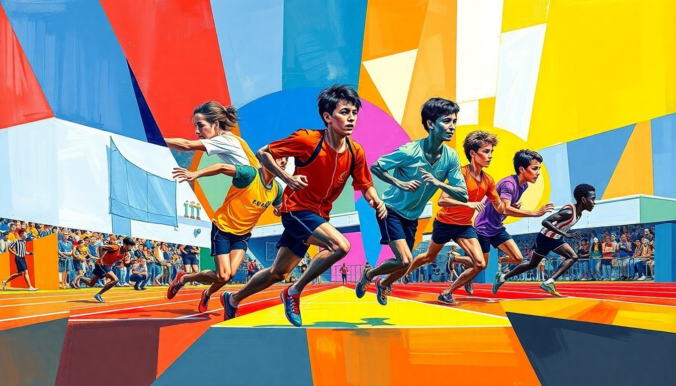 A cubist, geometric painting depicting a high school track and field competition, with sharp, overlapping planes of vibrant colors representing the athletes and their movements.