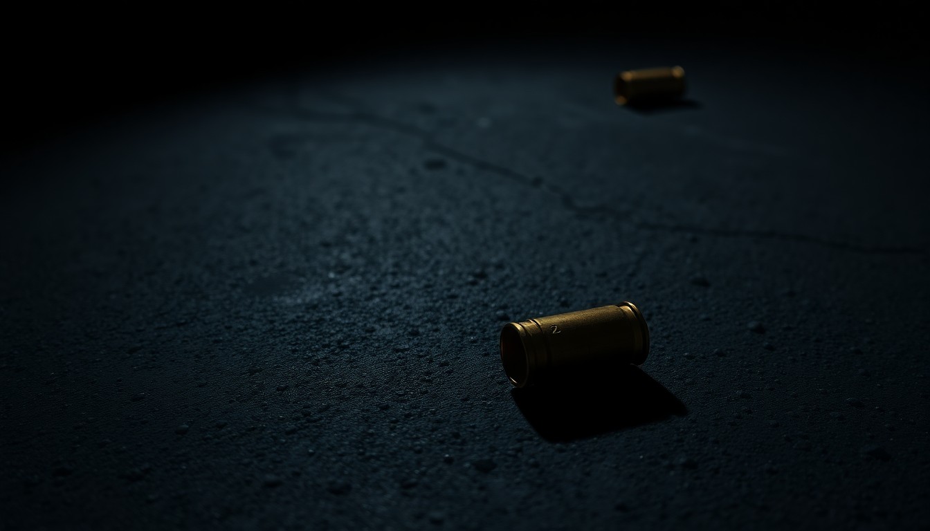 An extreme close-up photograph of a single spent shell casing on a dark, concrete surface, lit by a harsh, direct camera flash, creating a stark, gritty aesthetic that evokes the scene of a crime investigation.