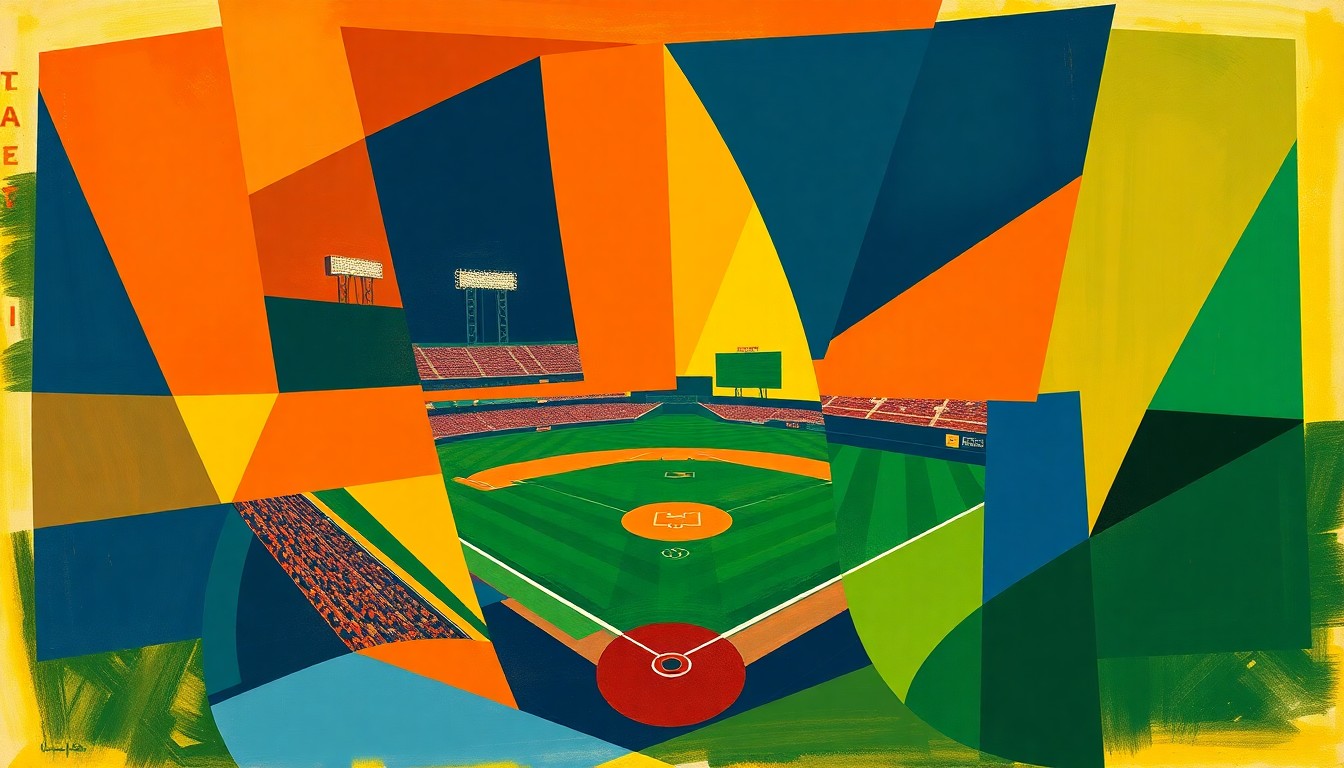 A cubist-style painting depicting a baseball game in motion, with sharp geometric shapes and planes of color representing the dynamic action on the field.