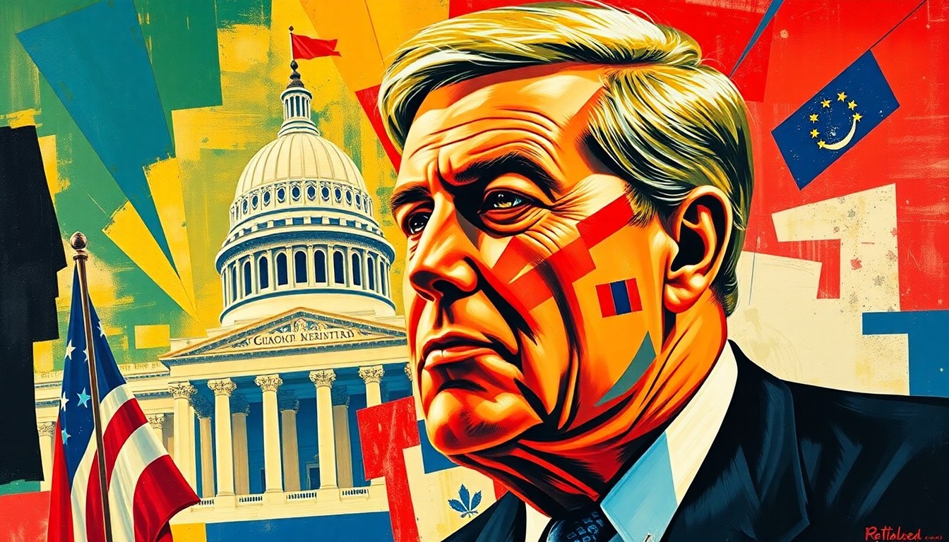 A dynamic, abstract painting of overlapping, fractured geometric shapes and lines in vibrant shades of red, blue, and yellow, conceptually representing the ideological divisions and political tensions within the Republican Party.