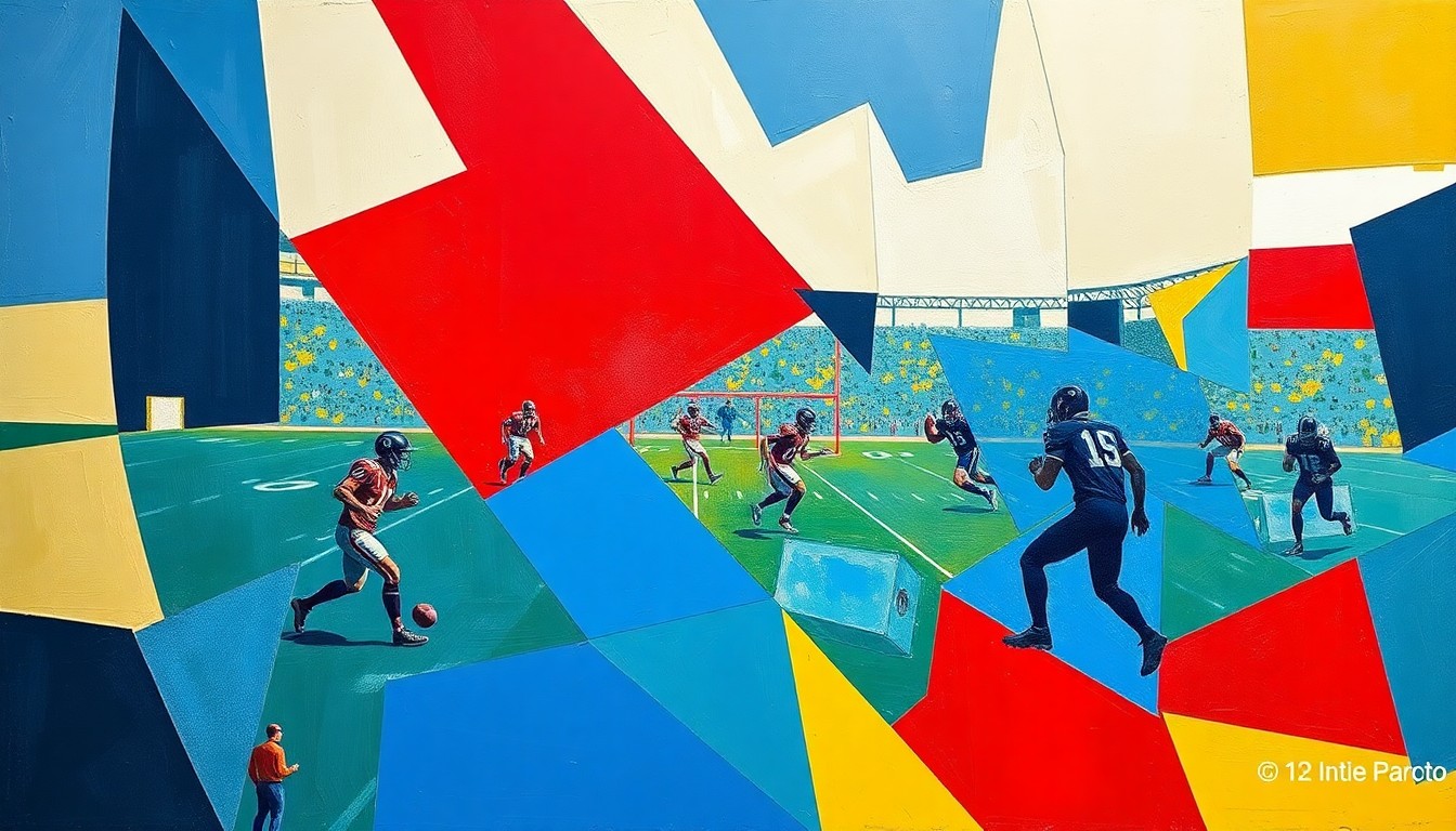 A fragmented, geometric painting depicting a football game, with players and the field broken down into sharp, overlapping planes of vibrant blue, red, and yellow colors, conveying the strategic complexity of building an elite NFL offense.