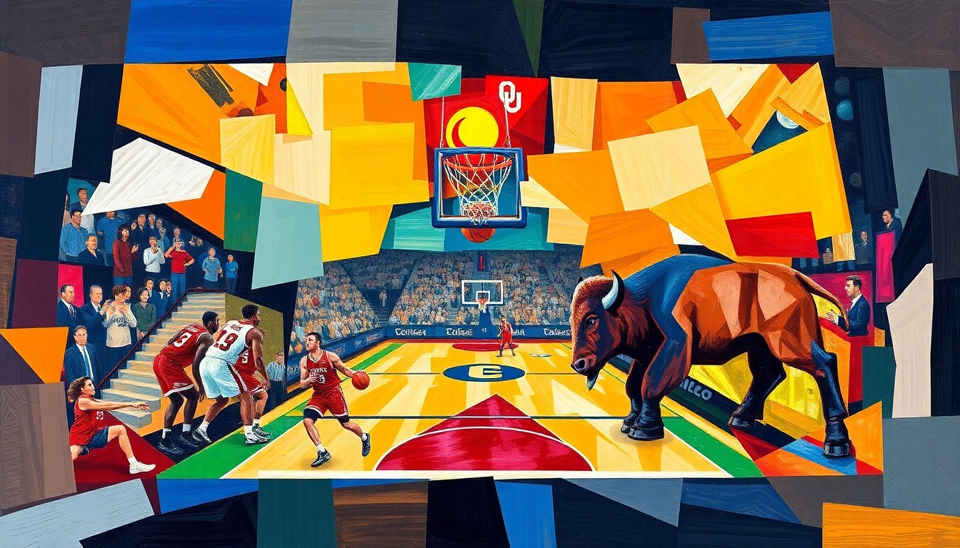 A cubist, geometric painting depicting a fragmented college basketball game, with sharp planes of bright crimson, burnt orange, and sky blue representing the competing teams, conveying the unpredictability and high stakes of the postseason tournament.