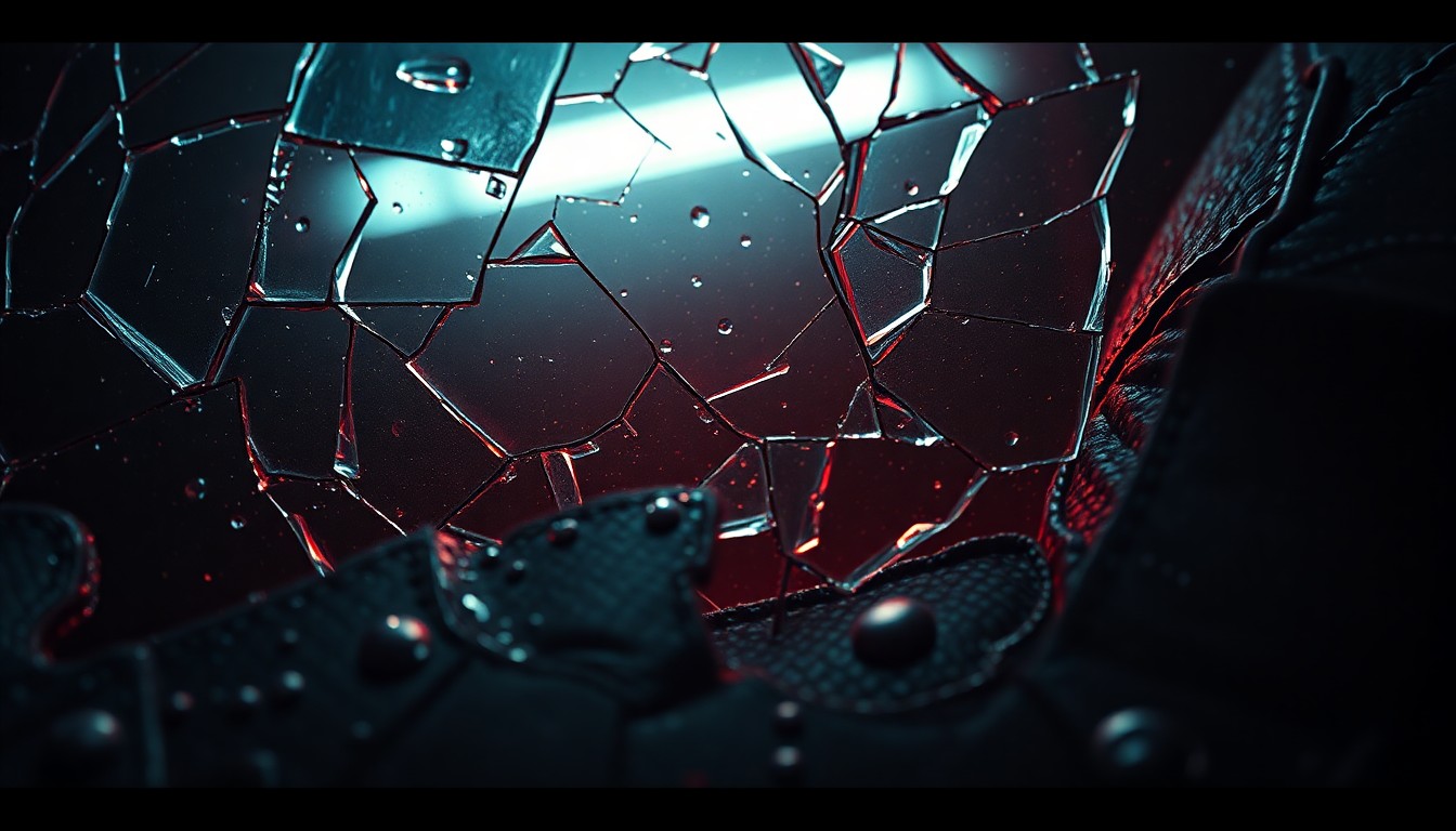 An abstract close-up photograph of shattered glass and cracked leather, using dramatic lighting and high contrast to create a sense of raw, cinematic energy.