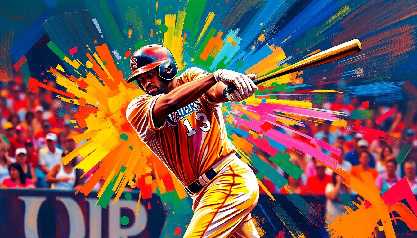 An extreme close-up of Eugenio Suarez's baseball bat making contact with the ball, captured in a burst of vibrant, neon-colored brushstrokes that convey the raw power and emotion of the game-winning hit.