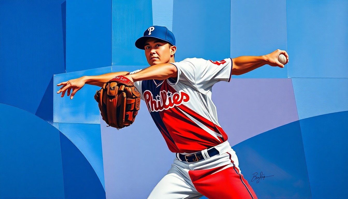 A fragmented, geometric painting depicting a baseball pitcher's delivery, with sharp planes of blue, red, and white colors representing the Texas Rangers and Philadelphia Phillies uniforms.