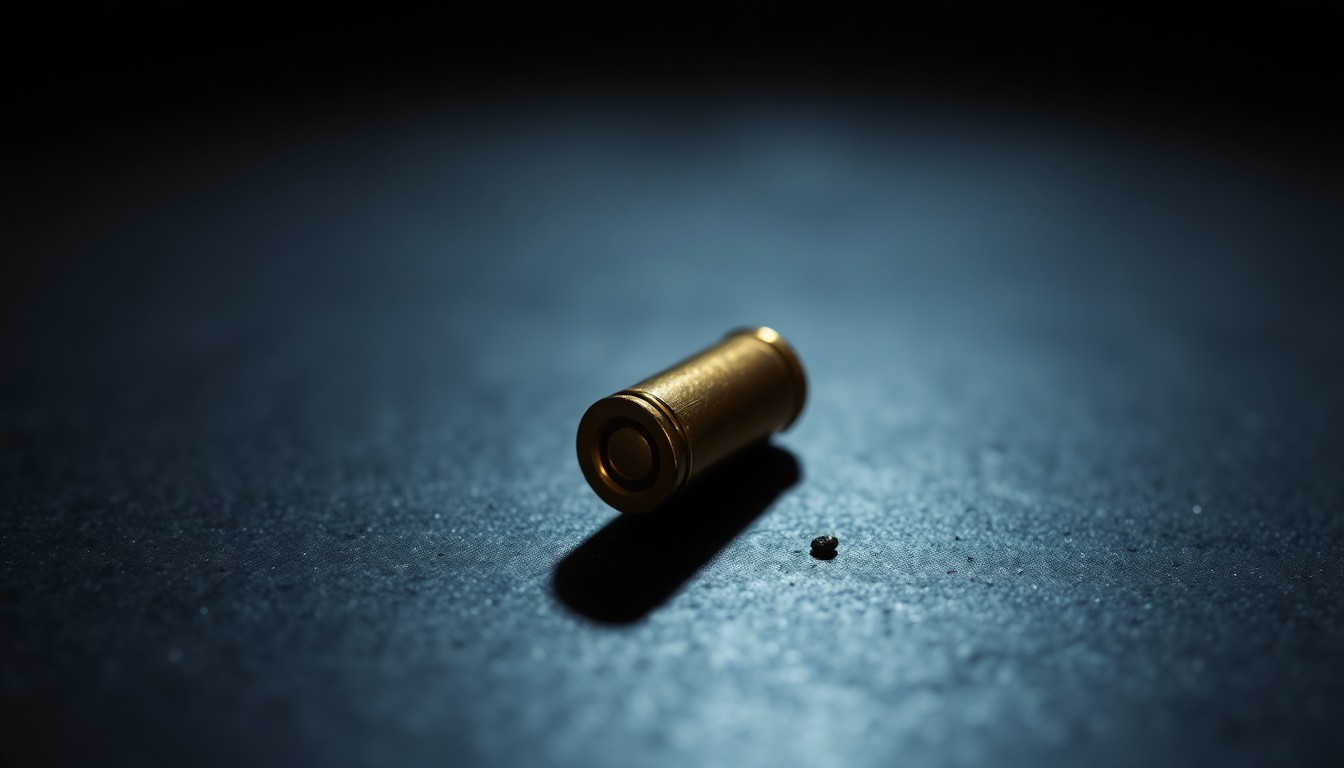 An extreme close-up photograph of a single bullet casing on a dark surface, lit by a harsh, direct camera flash, conceptually representing the ongoing challenges in achieving justice for victims of police violence.