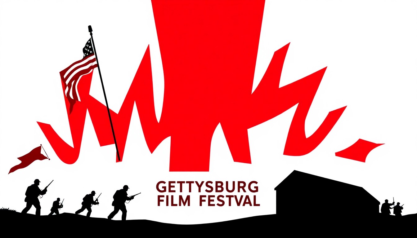 An abstract, geometric composition in red and white, featuring jagged, overlapping shapes that conceptually represent the American Revolution and the Gettysburg Film Festival's exploration of this pivotal era in history.