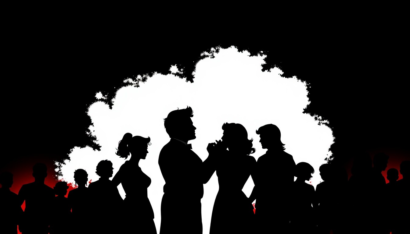 A minimalist, abstract illustration featuring bold black silhouettes of characters against a backdrop of striking red and white geometric shapes, conceptually representing the classic musical 'Grease'.