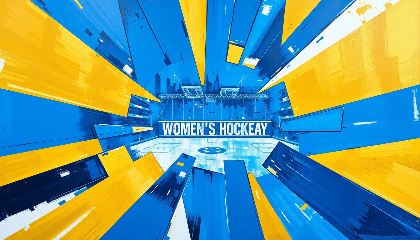 A cubist, geometric painting depicting the action and energy of a women's hockey game, with overlapping planes of blue, gold, and white representing the players, puck, and arena.