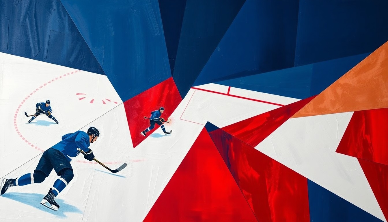 A fractured, abstract painting featuring overlapping geometric shapes and planes in navy, red, and white, conceptually representing the fast-paced action of a hockey game.